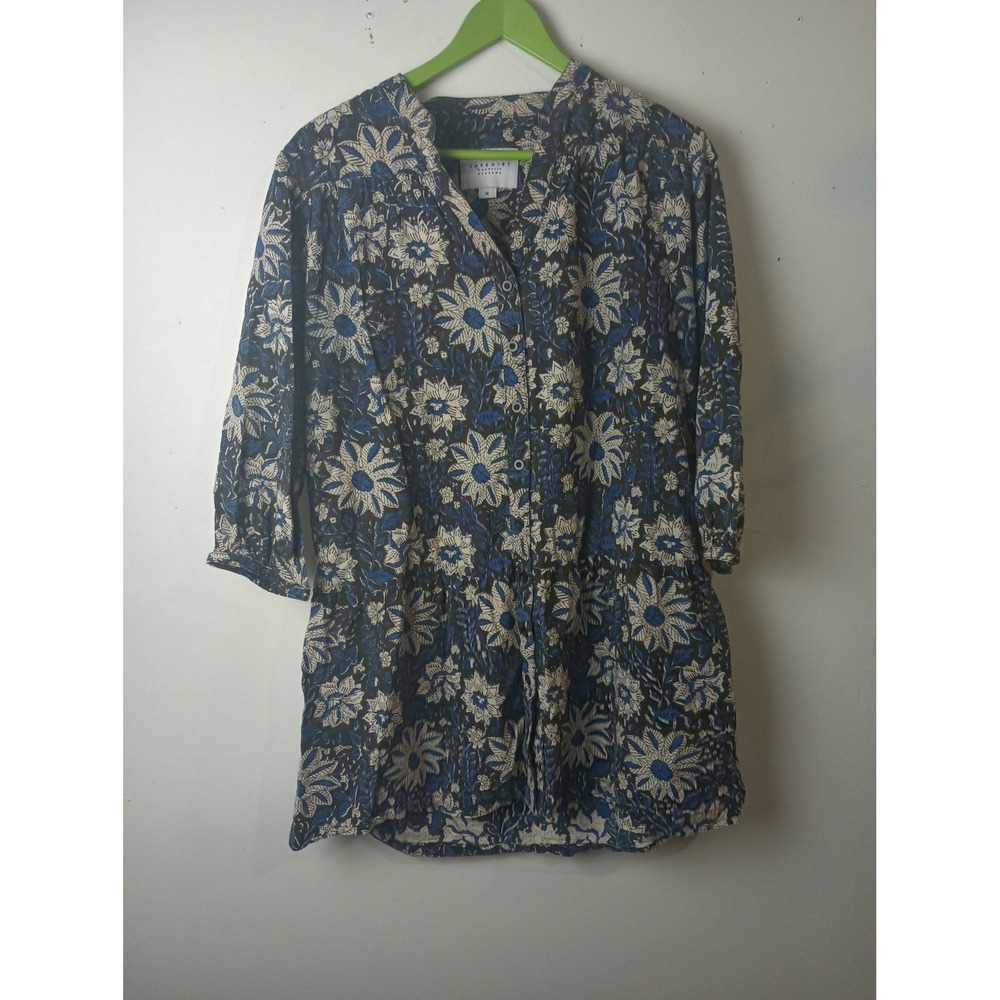 The Shirt Rochelle Behrens Floral Cotton Tunic Top Blue White Size M